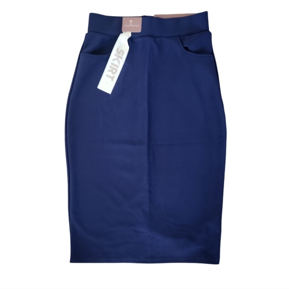 NAVY BLUE SUPER SOFT PENCIL MIDI SKIRT SZ SMALL NWT - Picture 1 of 2